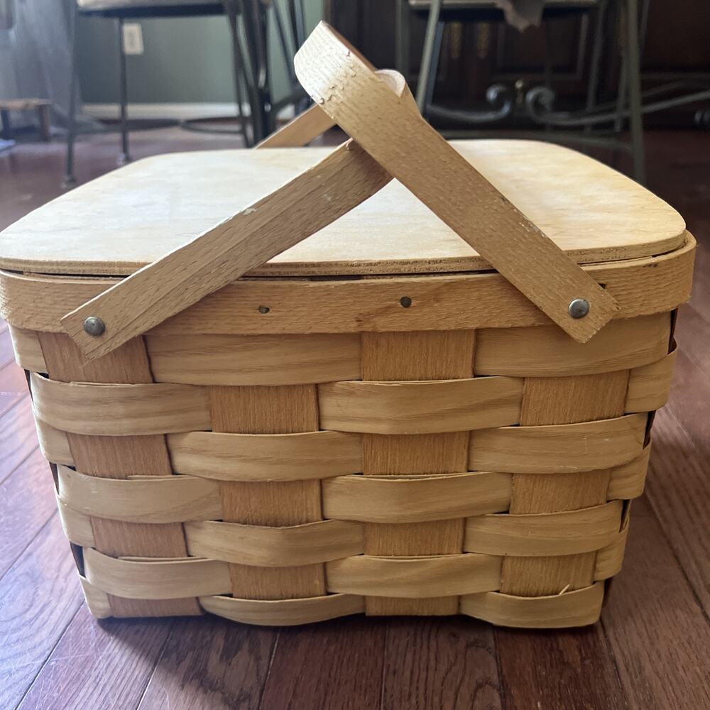 Vtg Basketville Putney VT Wood Pie Basket Picnic Carrier Lid Riser Shelf Tray